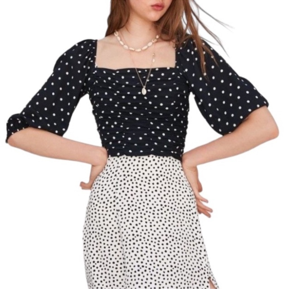 Zara Draped Polka Dot Ruched Puff Balloon Sleeve Square Neck Crop Top | Size S